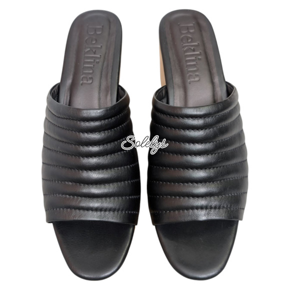 Beklina Ribbed Black Leather Open Toe Wooden Platform Clogs Mules Womens 10 - Picture 2 of 10